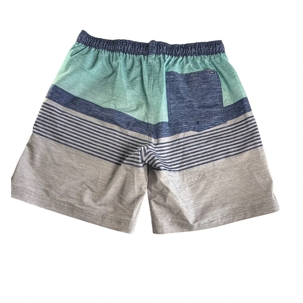 Hurley Mens‎ XL Board Shorts Striped Teal Grey Swim Trunks Mesh Liner Drawstring
